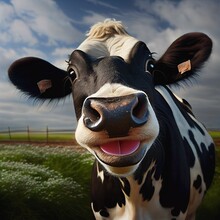Cute Adorable Happy Cow With Big Eyes Green Field Blue Sky, Generative Ai