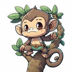 Poster -  a monkey sitting on top of a tree branch with leaves on it's head and eyes closed. Generative AI