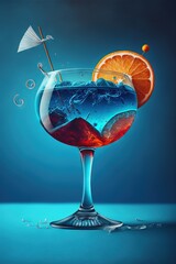 Wall Mural -  a painting of a bird on a blue glass with orange slices and leaves on the rim of the glass. Generative AI