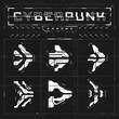 © Askha - Set of cyberpunk arrows. Kit of futuristic interface cyber elements. Cyberpunk pointers, direction. Collection of tech style arrows for design of game UI, poster. Tech aesthetics. Vector illustration