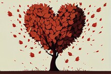 Heart Shaped Tree Of Love Valentine Leaves Falling Love Romance Card Invitation, Generative Ai