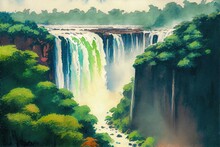 A Huge Waterfall In The Jungle Water Falls Over A Cliff Watercolor, Generative Ai