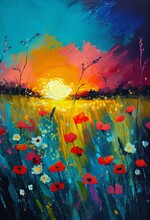 Abstract Wildflowers At Sunset Garden Painting Brush Strokes, Generative Ai