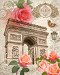 Vintage postcard Paris with Triumphal Arch and roses.