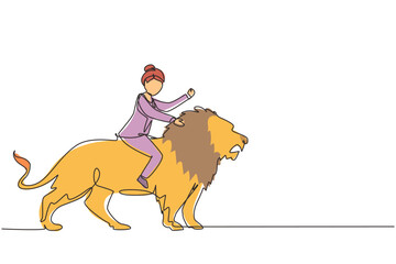 Poster - Single one line drawing businesswoman riding lion symbol of success. Business metaphor concept, looking at goal, achievement, leadership. Professional entrepreneur. Continuous line draw design graphic