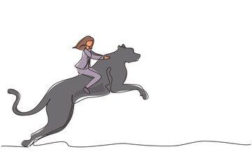 Poster - Single continuous line drawing businesswoman riding cheetah symbol of success. Business metaphor concept, looking at the goal, achievement, leadership. One line draw graphic design vector illustration