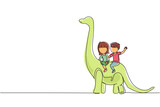 Fototapeta Dinusie - Single continuous line drawing little boy and girl caveman riding brontosaurus together. Kids sitting on back of dinosaur. Ancient human life concept. One line draw graphic design vector illustration