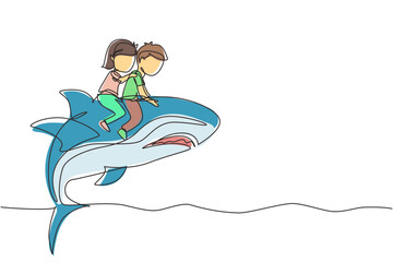 Poster - Single one line drawing little boy and girl riding inflatable shark together. Kids sitting on back shark in swimming pool. Shark ocean fish in deep water. Continuous line draw design graphic vector