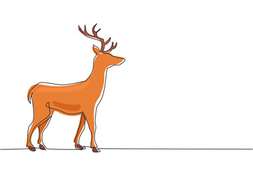 Poster - single continuous line drawing forest wild deer. standing wild reindeer for national park logo. eleg