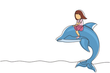 Poster - Single continuous line drawing little girl riding dolphin. Young kid sitting on back dolphin in swimming pool. Children with dolphin swimming in water. One line draw graphic design vector illustration