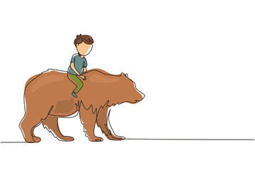 Wall Mural - Single one line drawing happy little boy riding brown grizzly bear. Child sitting on back big bear at circus event. Kids learning to ride beast animal. Continuous line draw design graphic vector