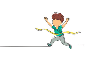 Poster - Single continuous line drawing cute boy run in race and win first place. Little kid running to finish line first, children physical activity concept. One line draw graphic design vector illustration
