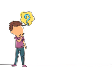 Poster - Continuous one line drawing cute boy thinking. Kids think creative idea. Bubble with question mark sign. Concept of learning and growing children. Single line draw design vector graphic illustration
