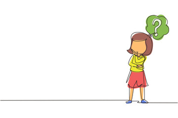 Poster - Single continuous line drawing cute girl thinking. Kids think creative idea. Bubble with question mark sign. Concept of learning and growing children. One line draw graphic design vector illustration