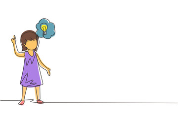 Poster - continuous one line drawing little girl thinking. kids think creative idea. bubble with light bulbs 
