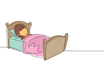 Poster - Single continuous line drawing cute girl sleeping on tonight dreams, good night and sweet dreams. Happy little child sleep in bed room. Kid sleeping. One line draw graphic design vector illustration