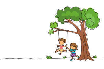 Poster - Single one line drawing happy two girls playing on tree swing. Cheerful kids on swinging under a tree. Children playing at playground. Modern continuous line draw design graphic vector illustration