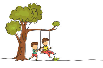 Poster - Single continuous line drawing happy two boys playing on tree swing. Cheerful kids on swinging under a tree. Children playing at playground. Dynamic one line draw graphic design vector illustration