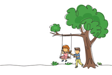 Poster - Continuous one line drawing happy boys and girls playing on tree swing. Cheerful kids on swinging under a tree. Cute children playing in playground. Single line draw design vector graphic illustration