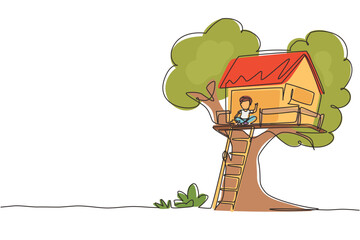 Poster - Continuous one line drawing child on tree house, little boy playing on children playground, treehouse with wooden ladder, place for kids games on summer. Single line design vector graphic illustration