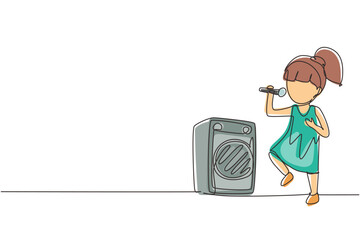 Poster - Continuous one line drawing happy cute little kid girl sing a song. Good performance and talent on stage. Beautiful melodic singing of children. Single line draw design vector graphic illustration