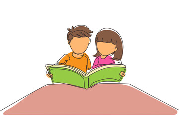 Poster - continuous one line drawing kids, boy and girls reading book on table together. open mind with read 