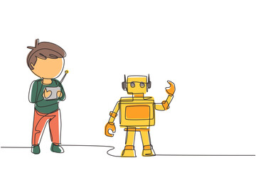Poster - single one line drawing boy playing with remote-controlled robot toy. cute kids playing with electro