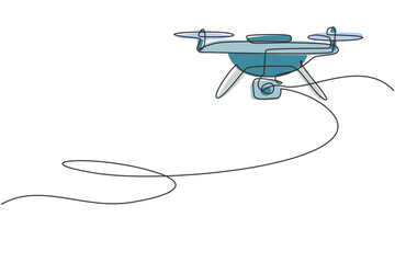 Poster - continuous one line drawing remote control air drone. drone flying with action video camera. drone p