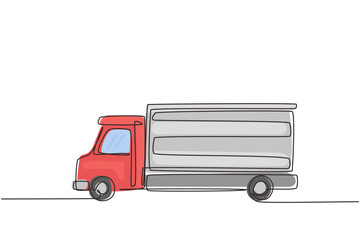 Poster - Single continuous line drawing cargo truck for shipment. Delivery of cargo. Heavy automobile. Auto in flat design. Children's toy cargo truck. Dynamic one line draw graphic design vector illustration