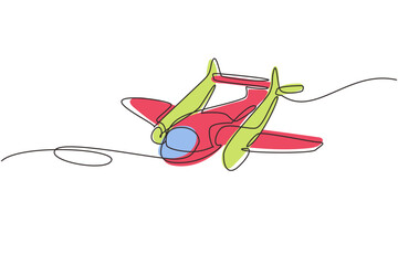Poster - single continuous line drawing vintage airplanes models. retro motor aircraft with propeller icon. m