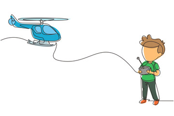 Poster - Continuous one line drawing boys playing with radio-controlled toy helicopter. Kids playing holding rc controllers. Smiling excited children with modern RC toys. Single line draw design vector graphic