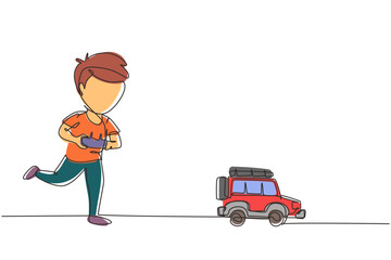 Poster - Continuous one line drawing boy playing with remote-controlled off road car. Cute kids playing with electronic toy car with remote control in hands. Single line draw design vector graphic illustration