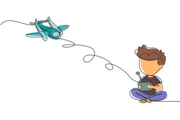 Poster - Single one line drawing boy playing with remote-controlled toy airplane. Cute kids playing with electronic airplane toy with remote control in hands. Modern continuous line draw design graphic vector