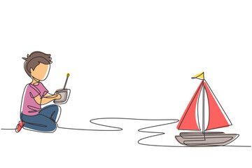 Poster - Single continuous line drawing boy playing with remote-controlled sailboat toy. Kids playing with electronic sailboat toy with remote control in hands. One line draw graphic design vector illustration