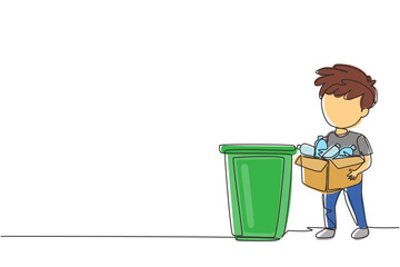 Poster - continuous one line drawing boy gathering garbage and plastic waste for recycling. kid picking up pl