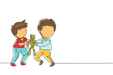 Poster - single continuous line drawing two little boys fighting over a robot toy. conflict between children.