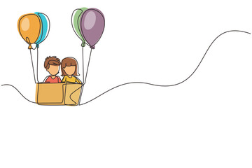 Poster - Single one line drawing cute boy and girl sitting in cardboard box with balloons. Little pilot of hot air balloon. Creative kids character playing hot air balloon. Continuous line draw design graphic