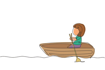 Poster - Continuous one line drawing cute little girl riding on boat at river. Kids riding on wooden boat. Kids rowing boat on lake. Happy children paddle boat. Single line design vector graphic illustration