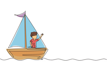Poster - Single one line drawing smiling little boy in sailboat. Happy kids sailing boats. Cute little children on boat. Joyful adventures and travel. Continuous line draw design graphic vector illustration