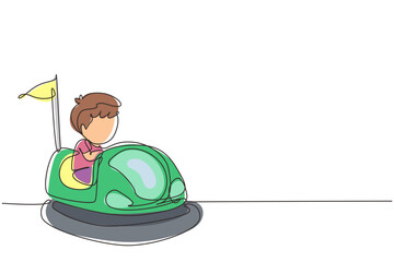 Poster - Single continuous line drawing cute little boy riding in bump car. Happy kids driving bumpercar. Children riding bump cars in amusement park. Dynamic one line draw graphic design vector illustration