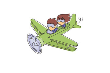 Poster - Continuous one line drawing little boy operating plane and a girl as passengers. Kids flying in airplane. Happy smiling kid flying plane like real pilot. Single line design vector graphic illustration