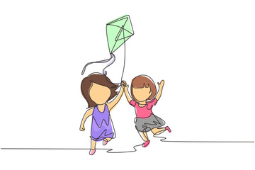 Poster - Single one line drawing two girl playing to fly kite up into sky at outdoor field. Kids playing kite in playground. Children with kites game and they look happy. Continuous line draw design graphic