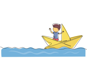 Poster - Continuous one line drawing cute smiling little boy sailing on paper boat. Happy smiling kid having fun and playing sailor in imaginary world. Single line draw design vector graphic illustration