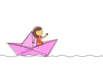 Poster - Single continuous line drawing cute smiling little girl sailing on paper boat. Happy smiling kid having fun and playing sailor in imaginary world. One line draw graphic design vector illustration