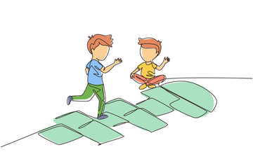 Poster - single continuous line drawing two little boys playing hopscotch at kindergarten yard. kids playing 