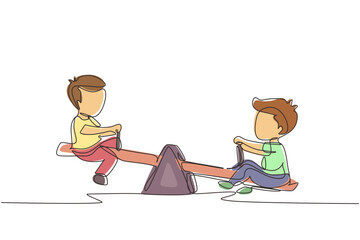 Poster - Continuous one line drawing two little boys swinging on seesaw. Kids having fun at playground. Cute kids playing seesaw together in kindergarten. Single line draw design vector graphic illustration