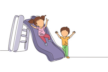 Poster - Single one line drawing preschool kids playing together in kindergarten. Little girl sliding down the slide and smiling boy seeing her on side of slide. Continuous line draw design graphic vector