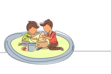 Poster - Single continuous line drawing two little boys build sandcastle together. Children sitting on sandbox and playing with sand castle. Brothers or friends having fun. One line draw graphic design vector