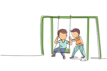 Poster - Single continuous line drawing cute little boy swinging on swing and his friend helped push from behind. Happy preschool kids friends playing together outside. Dynamic one line graphic design vector