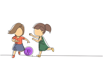 Poster - Continuous one line drawing girls playing football together. Two happy little kids playing sport at playground. Smiling children kicking ball by foot between them. Single line design vector graphic